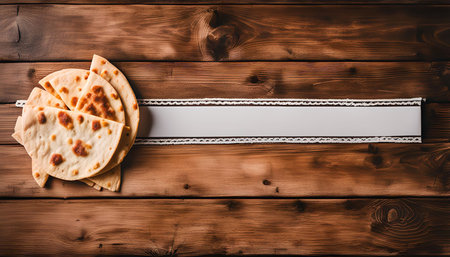 A stack of flatbreads lies on a rustic wooden surface, adorned with a white ribbon. The image offers a warm and inviting atmosphere, ideal for showcasing a culinary recipe or highlighting a rustic backdropの写真素材