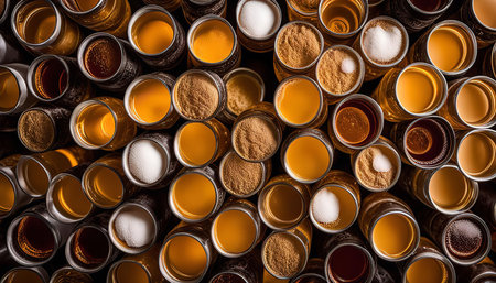 A close-up, top-down photograph showcasing an arrangement of various jars filled with different liquids and powders. The jars exhibit a harmonious blend of gold, brown, and white tones, creating a visually captivating pattern and texture.の写真素材