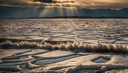 A mesmerizing winter landscape with a frozen lake covered in a stunning pattern of ice, reflecting...