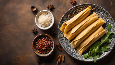 A traditional Mexican dish, tamales, are shown on a plate with rice and beans. They are ready to be enjoyed for a delicious meal.の写真素材