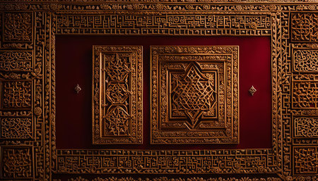 A close-up view of an intricately carved wooden ceiling in a richly decorated interior. The intricately detailed and gilded patterns create a sense of historical beauty and craftsmanship.の写真素材