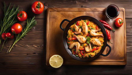 A close-up view of a delicious Spanish paella with seafood, vegetables, and rice, served in a black pan on a wooden table. The paella is garnished with tomatoes, peppers, and a lemon wedge. A glass of red wine is also present in the image.の写真素材