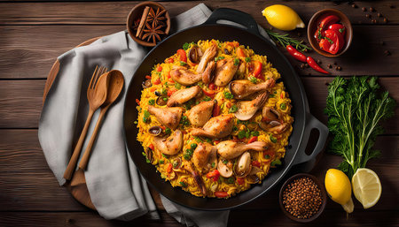 A mouthwatering Spanish paella with succulent chicken, fresh seafood, and colorful vegetables, all perfectly cooked in a large pan. The dish is served on a rustic wooden table with fresh ingredients and herbs.の写真素材