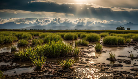 A wide shot of a paddy field in the foreground, with green grass and water reflecting the sun. The...