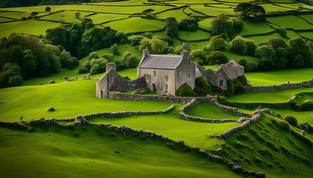 A picturesque stone farmhouse sits nestled amongst rolling green hills, surrounded by lush greenery and stone walls. The tranquil scene evokes a sense of peace and serenity.の写真素材