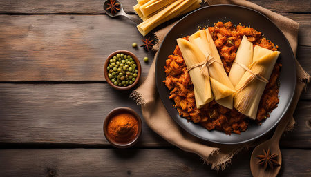 A plate of tamales, a traditional Mexican dish made with corn dough and filled with meat or vegetables, is presented on a wooden table with various spices.の写真素材