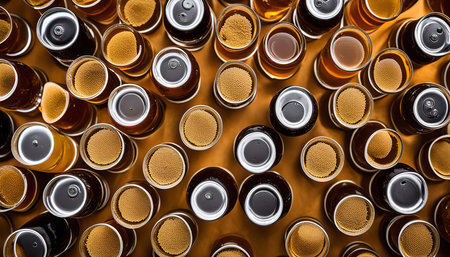 A top down view of a collection of beer glasses, arranged in a random pattern on a golden brown surface. The glasses are filled with different types of beer, showcasing a variety of shades of gold, amber, and brown.の写真素材