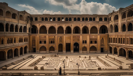 A view of the grand courtyard of a historic building, featuring intricate stonework and arches.の写真素材