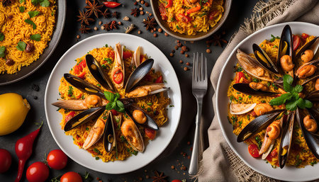 A beautiful overhead shot of a plate of delicious seafood paella, a traditional Spanish dish. This dish features mussels, clams, rice, tomatoes, and basil, all arranged in a visually appealing pattern. The paella is served on a white plate with a fork, adding a touch of elegance to the presentation.の写真素材