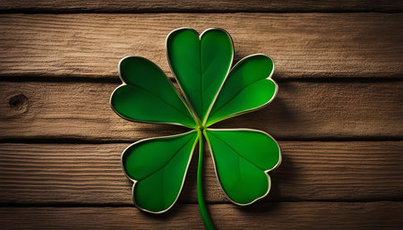 A four-leaf clover resting on a wooden surface, symbolizing luck and good fortune. The vibrant green leaves and wooden background create a natural and inviting atmosphere.の写真素材
