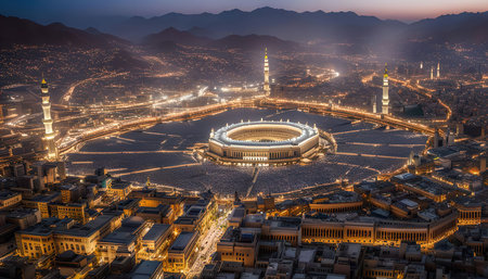 An aerial night view of the Grand Mosque in Mecca, Saudi Arabia, with its iconic minarets and dome illuminated against the dark sky. The city of Mecca is visible in the background, with its lights twinkling.の写真素材