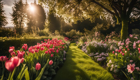A lush garden path lined with vibrant pink and red tulips, bathed in warm sunlight, creating a serene and peaceful scene.の写真素材