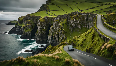 A winding road hugs the dramatic coastline of Ireland, offering breathtaking views of the rugged cliffs and the vast blue ocean. The lush green fields and the cloudy sky create a stunning natural backdrop for this picturesque scene.の写真素材