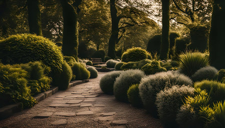 A serene garden path lined with lush greenery, showcasing the beauty of nature. The path leads into a tranquil landscape, perfect for a peaceful walk.の写真素材