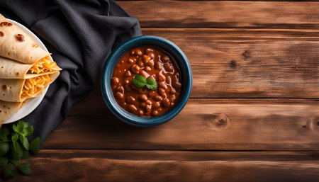 A bowl of beans with a side of tortillas on a wooden tableの写真素材