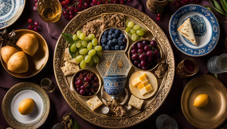 A beautiful, lavish spread of fresh fruit, cheese, and baked goods, presented on a gold-plated tray with intricate designs. The table is decorated with elegant tableware, enhancing the luxurious ambiance.の写真素材