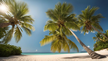 A stunning view of palm trees swaying in the breeze on a pristine tropical beach with crystal clear turquoise water and blue skies. It's a perfect escape for relaxation and adventure.の写真素材
