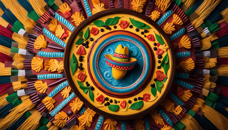 A colorful sombrero sits on a plate within a mandala of food, celebrating Mexican culture.の写真素材