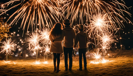 A family of three is standing in the grass, watching a firework display in the night sky. The silhouettes of the family are illuminated by the bright fireworks and the photo captures the joy and excitement of the moment.の写真素材