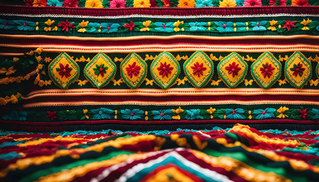 Close-up view of vibrant colorful fabric with intricate embroidery, showing a variety of floral patterns and stitches.の写真素材