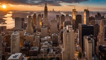 A breathtaking aerial view of the Manhattan skyline at sunset. The iconic skyscrapers stand tall...