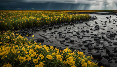 A winding river flows through a field of yellow wildflowers, illuminated by soft sunlight breaking...