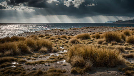 A stunning landscape with sun rays piercing through stormy clouds over a lake. The water is...