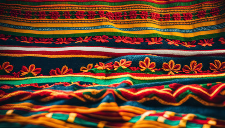 Close-up of colorful fabric with intricate embroidery, showing a vibrant pattern of stripes and floral motifs. The texture and details of the stitching are visible.の写真素材