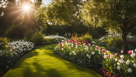 A sun-drenched garden path winds through a vibrant landscape, lined with rows of colorful tulips in bloom. The warm sunlight casts a golden glow on the lush green grass and foliage, creating a sense of peace and tranquility.の写真素材