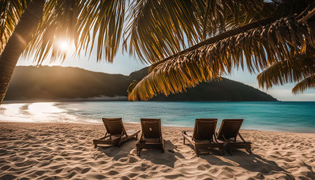 A stunning tropical beach with palm trees and sun loungers. The turquoise blue water and white sand create a serene and idyllic paradise.の写真素材