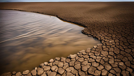 A dried-up riverbed with cracked earth and a small pool of waterの写真素材
