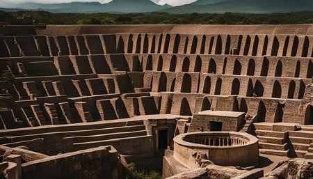 An aerial view of ancient stone architecture in Mexico, showing intricate details and historical significance.の写真素材