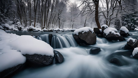 A serene winter landscape with a small waterfall cascading over rocks covered in snow. The water flows smoothly, creating a sense of tranquility. The trees in the background are bare, their branches covered in a blanket of white.の写真素材