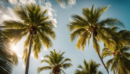 A collection of palm trees reaching towards a brilliant blue sky with bright sunlight shining through their leavesの写真素材