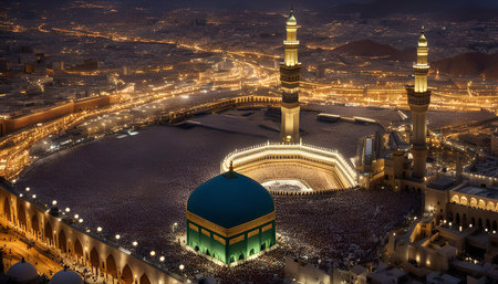 An aerial view of the Masjid al-Haram in Mecca, Saudi Arabia, at night. The mosque is illuminated, and the Kaaba is visible in the center of the courtyard. The image captures the beauty and grandeur of this sacred place.の写真素材