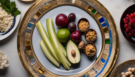 A beautiful platter filled with fresh fruit, nuts, and a decorative design, perfect for a delicious and healthy snack or meal.の写真素材