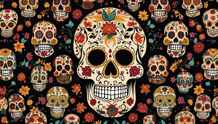 A vibrant pattern of sugar skulls decorated with flowers and leaves against a dark background, perfect for celebrating Dia de los Muertos.の写真素材