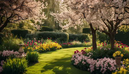 A serene and vibrant garden scene with blooming cherry trees, colorful flowers, and lush green grass.の写真素材