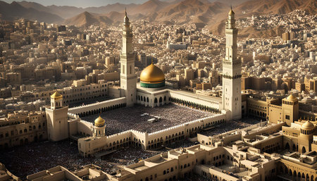 An aerial view of a mosque in a city, with a golden dome and minarets, surrounded by a crowd of people praying.の写真素材