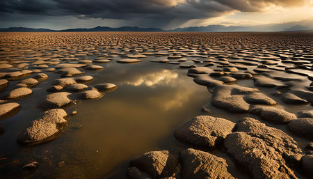 A still, tranquil scene of a dry, desert lake with water reflecting the sky and clouds in the distance. The arid landscape is characterized by its cracked, parched ground and distant mountains on the horizon.の写真素材