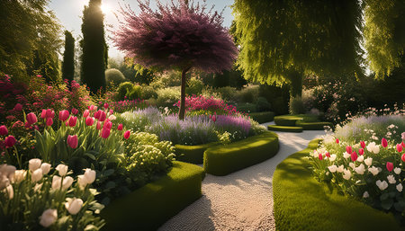 A captivating garden scene with colorful blooms lining a winding pathway. The lush greenery, vibrant flowers, and soft sunlight create a serene and inviting atmosphere.の写真素材