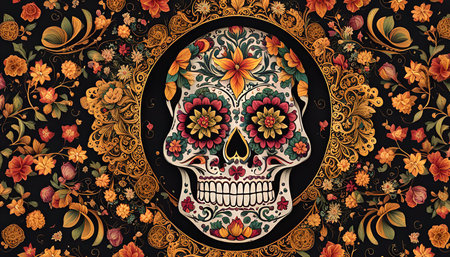 A traditional Mexican sugar skull surrounded by floral elements. The colorful design is vibrant and...
