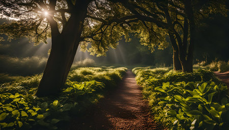 Sun rays shine through the trees of a forest, illuminating a path leading deeper into the woods.