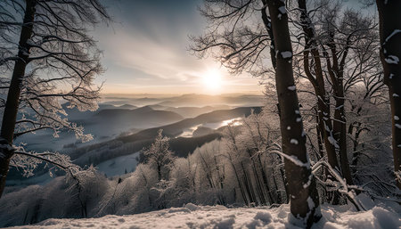 A stunning winter landscape of a snowy mountain range with a golden sunrise in the background. The snow-covered trees stand tall and majestic, creating a serene and breathtaking scene.の写真素材