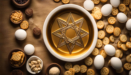 A star of David on a plate, surrounded by snacks and eggs, creating a still life composition that...