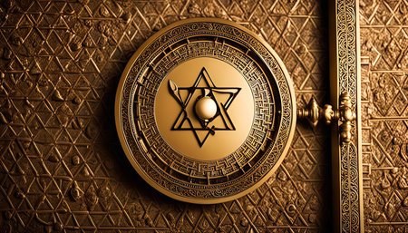 A close-up of a golden Star of David on a circular plate with intricate details and ornate designs.の写真素材