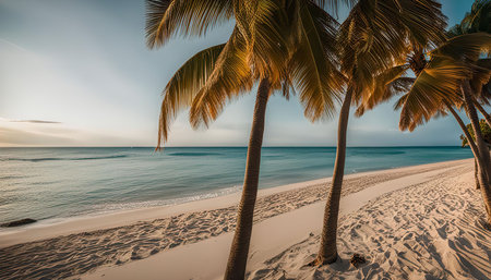 A serene view of a tropical beach with swaying palm trees framing the pristine white sand and the turquoise blue ocean. The sun setting on the horizon paints the sky with warm hues, creating a sense of peace and tranquility. This idyllic paradise is a perfect destination for relaxation and escape.の写真素材