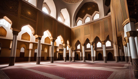 A spacious interior of a mosque with intricate patterns and arches. It showcases the beauty of...