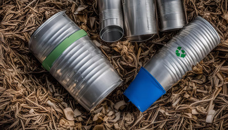 Recyclable aluminum cans lying on a brown surface, representing a message about waste and sustainability.の写真素材