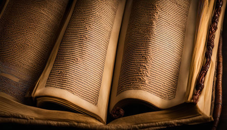 A close-up image of an ancient manuscript book with its pages open, showing detailed writing and illuminated lettering. It represents the preservation of knowledge and history.の写真素材